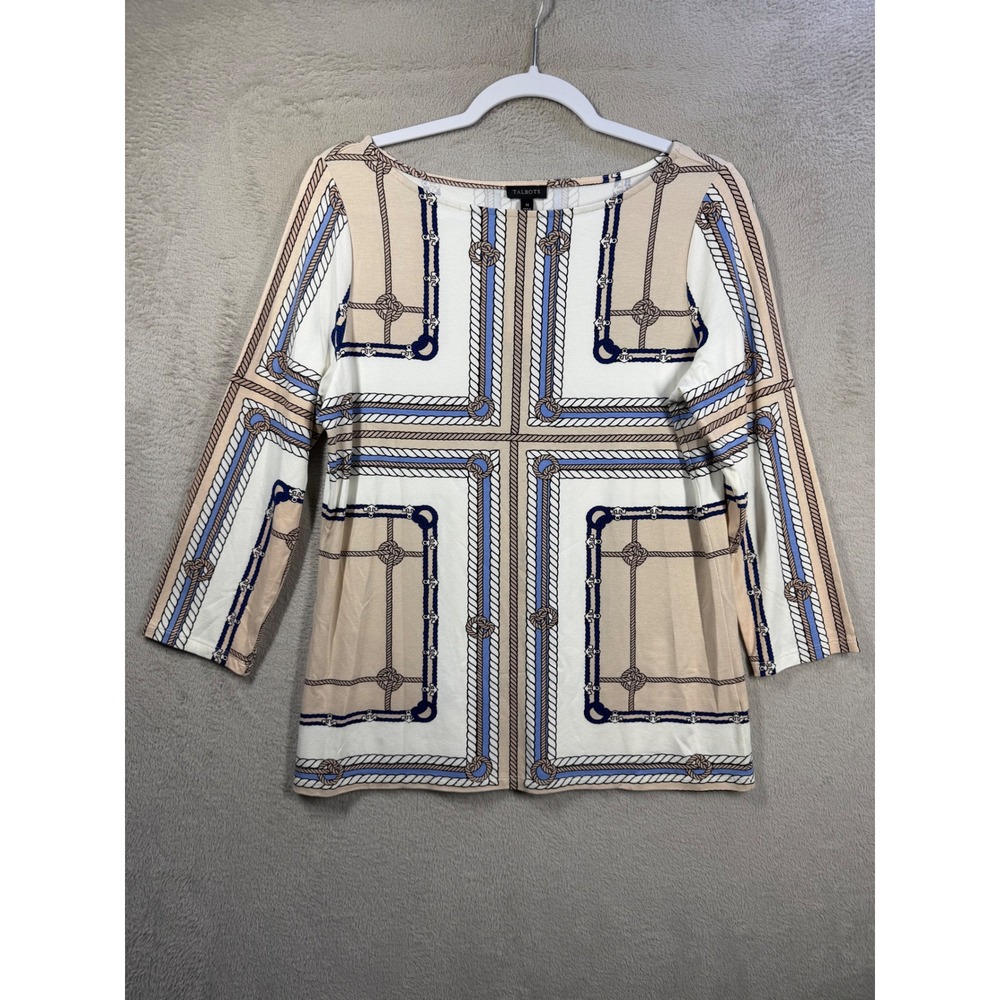 Talbots Boatneck Top Women M Ivory Blue Nautical Rope Anchor Scarf Print PH2807